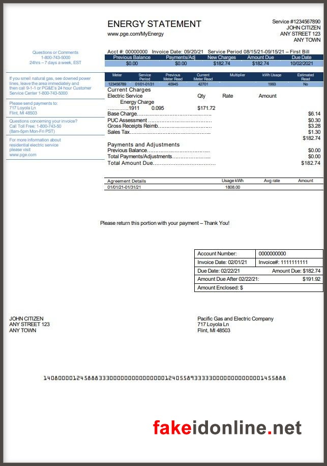 Pacific Gas and Electric (PG&E) - California Utility Bill Template